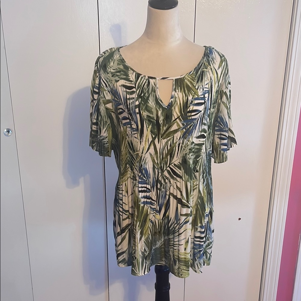 Leaf Print Green and Blue Women's Top